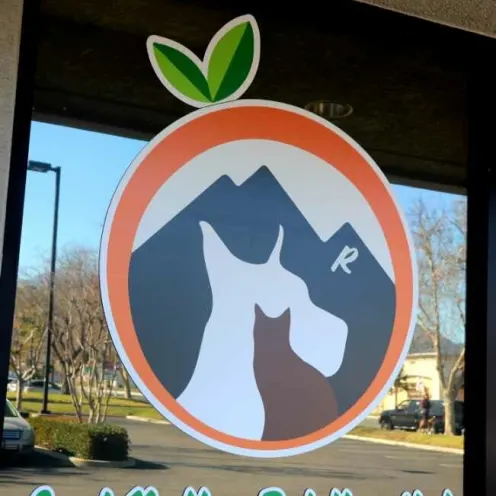 East Valley Pet Hospital Logo - Cat, dog with mountains in an orange.